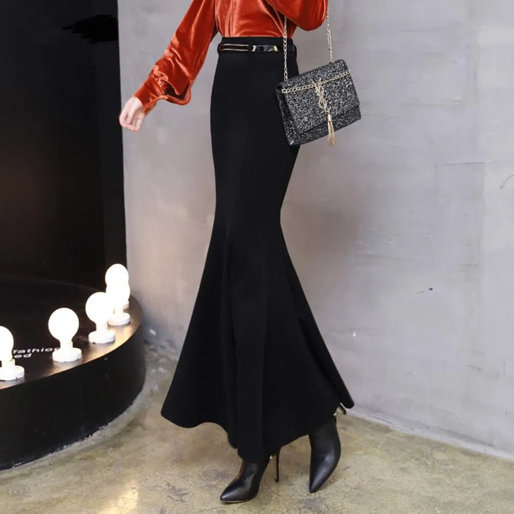 Women's Classic High Waist Solid Fishtail Mermaid Long Skirt for Evening Party Black Ruffle Victorian Retro Skirts