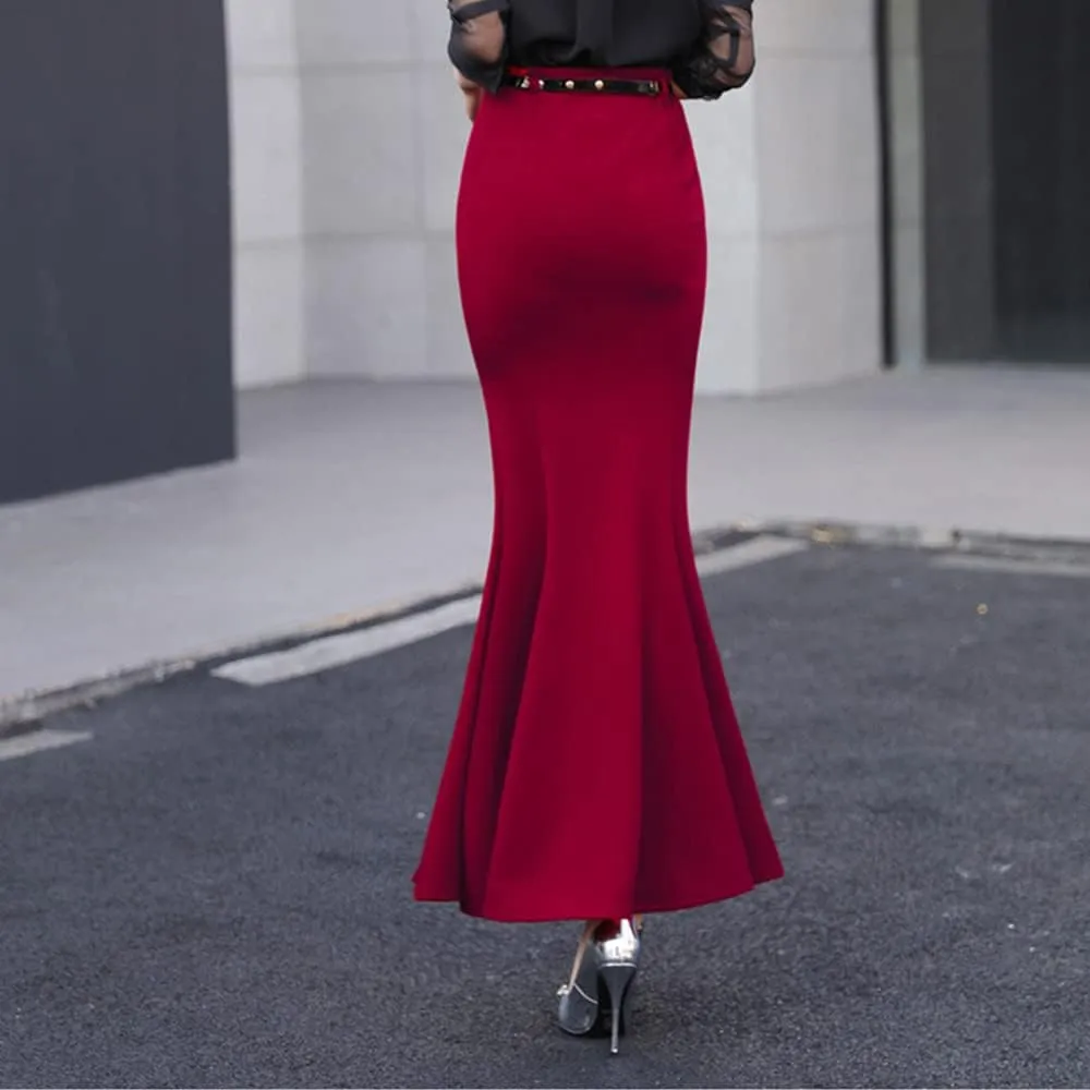 Women's Classic High Waist Solid Fishtail Mermaid Long Skirt for Evening Party Black Ruffle Victorian Retro Skirts