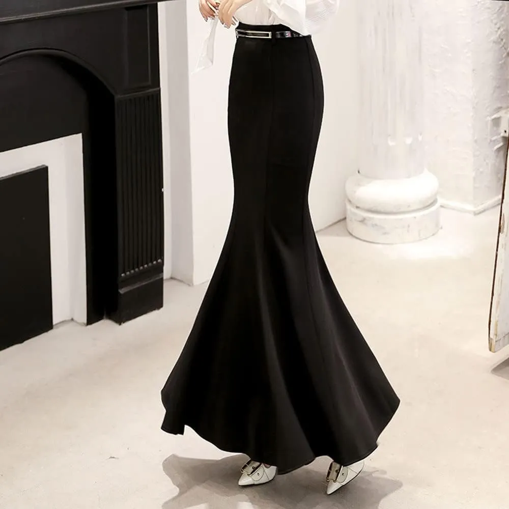 Women's Classic High Waist Solid Fishtail Mermaid Long Skirt for Evening Party Black Ruffle Victorian Retro Skirts