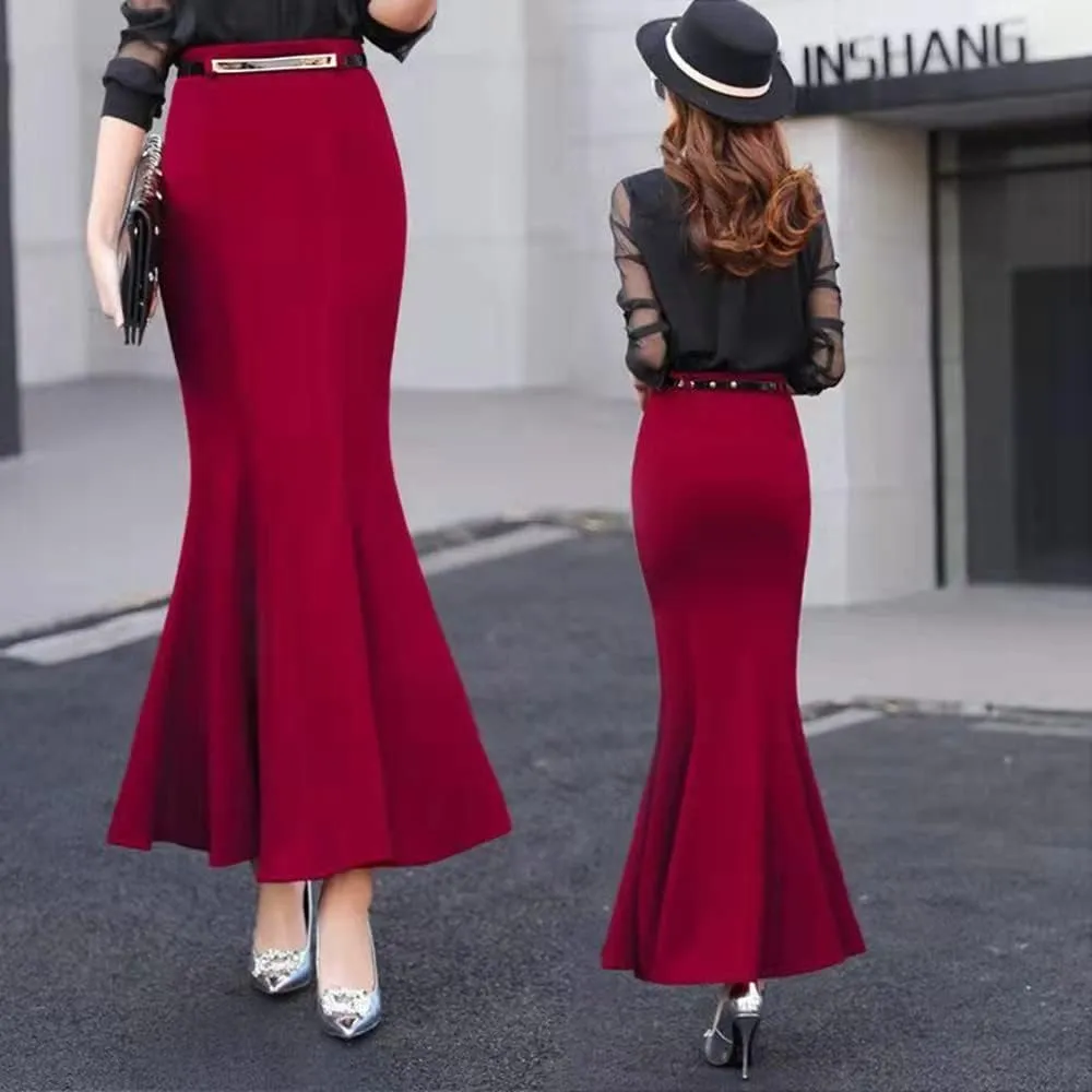 Women's Classic High Waist Solid Fishtail Mermaid Long Skirt for Evening Party Black Ruffle Victorian Retro Skirts