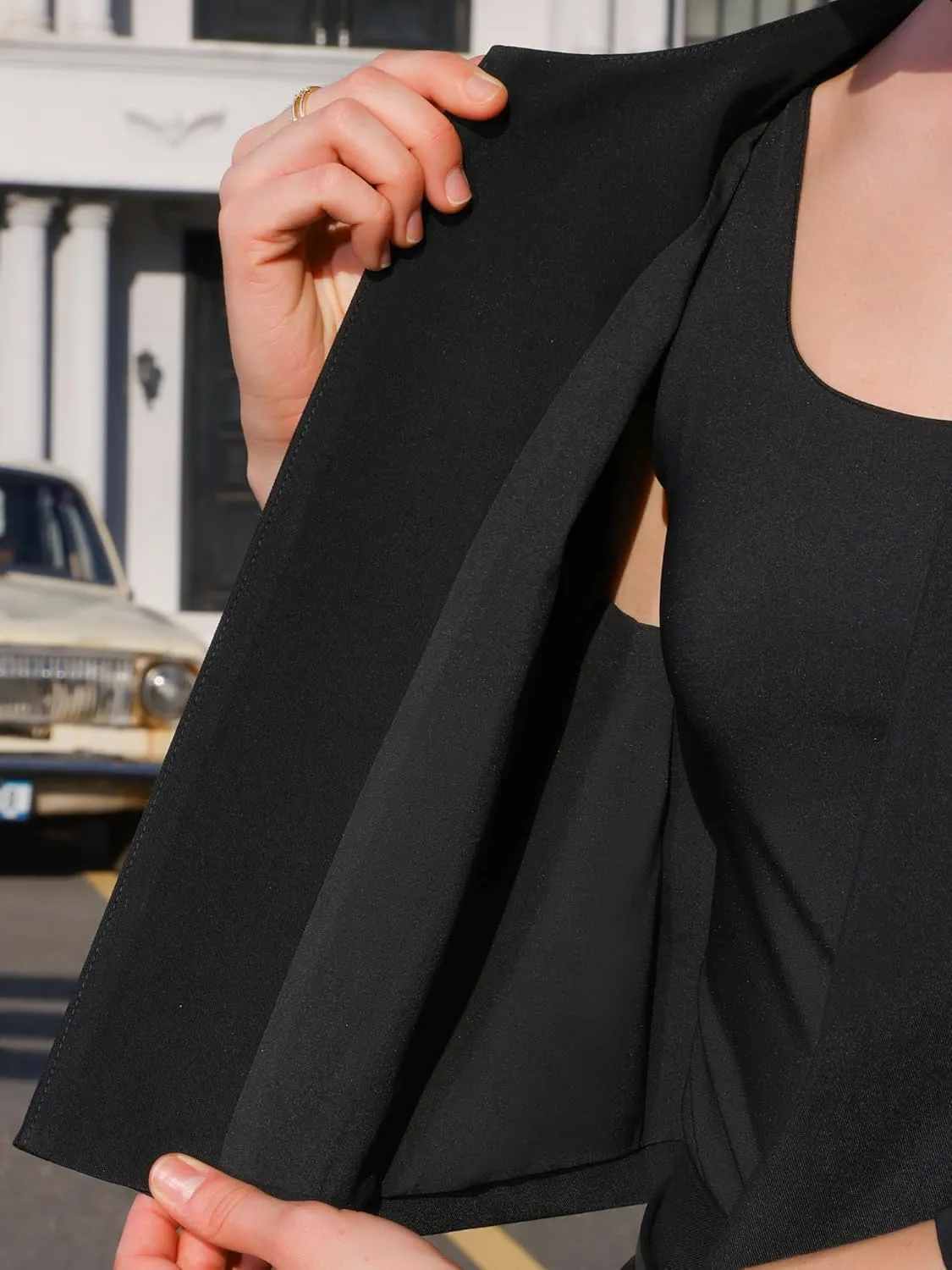 Women's Collarless Blazers 3/4 Sleeve Dressy Casual Cropped Jacket