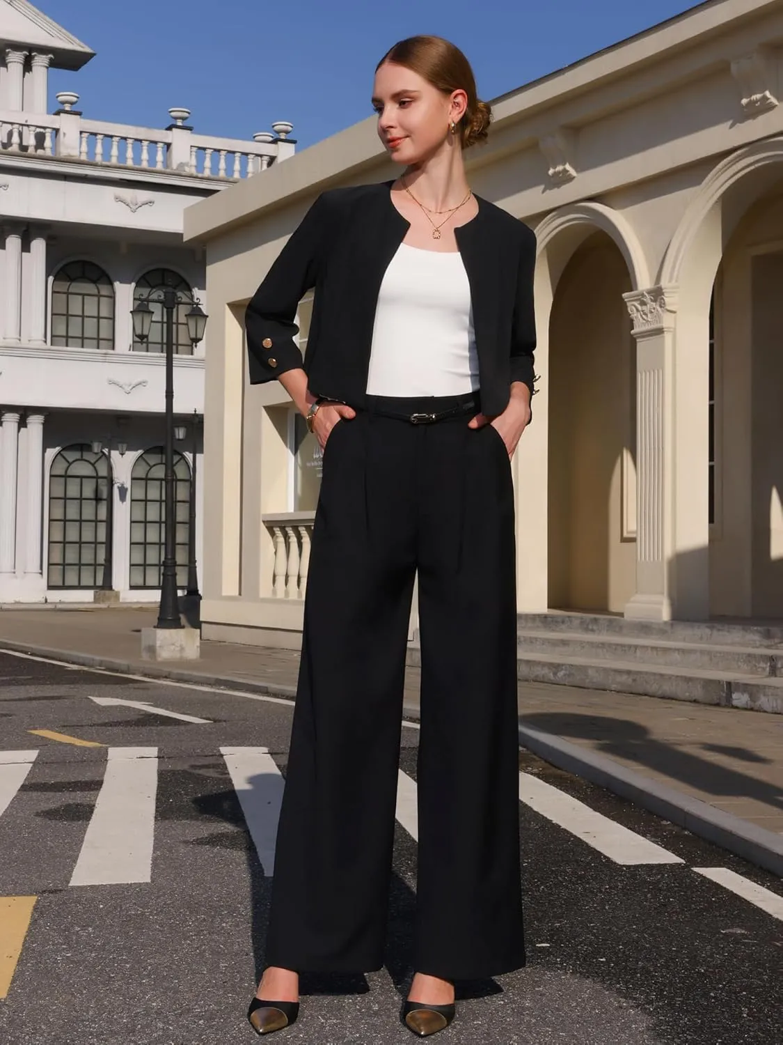 Women's Collarless Blazers 3/4 Sleeve Dressy Casual Cropped Jacket