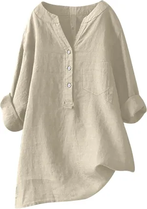 Womens Cotton Linen Button Down Shirt 2025 Roll Up Long Sleeve Casual Solid Color Shirts Loose Work Tops with Pockets