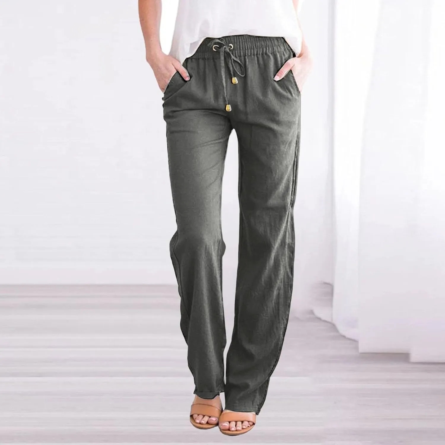Women's Cotton Linen Pants 2025 Summer Casual Elastic Waist Trousers Relax Fit Comfy Yoga Beach Pant Sweatpants
