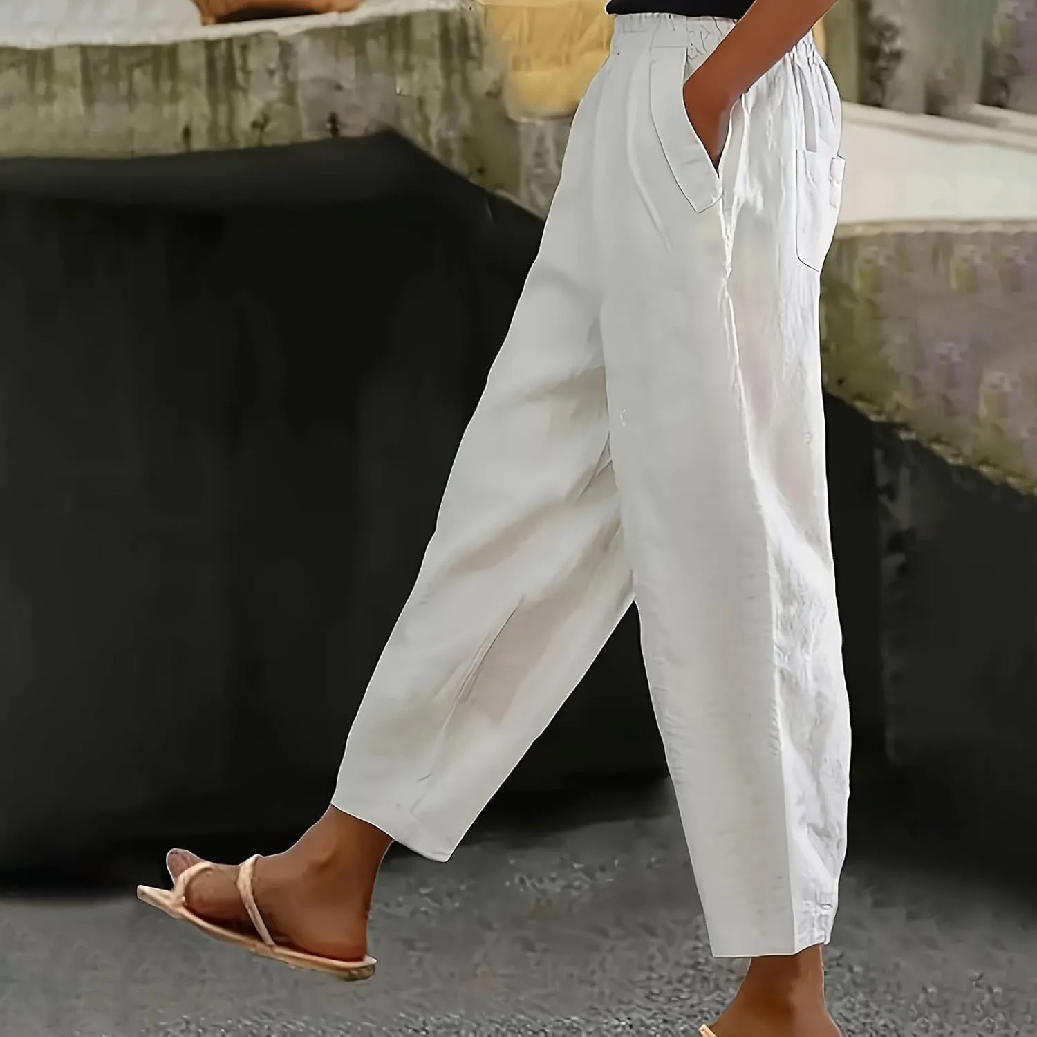 Women's Cotton Linen Pants 2025 Summer Casual Elastic Waist Trousers Straight Leg Relax Fit Comfy Yoga Beach Pant