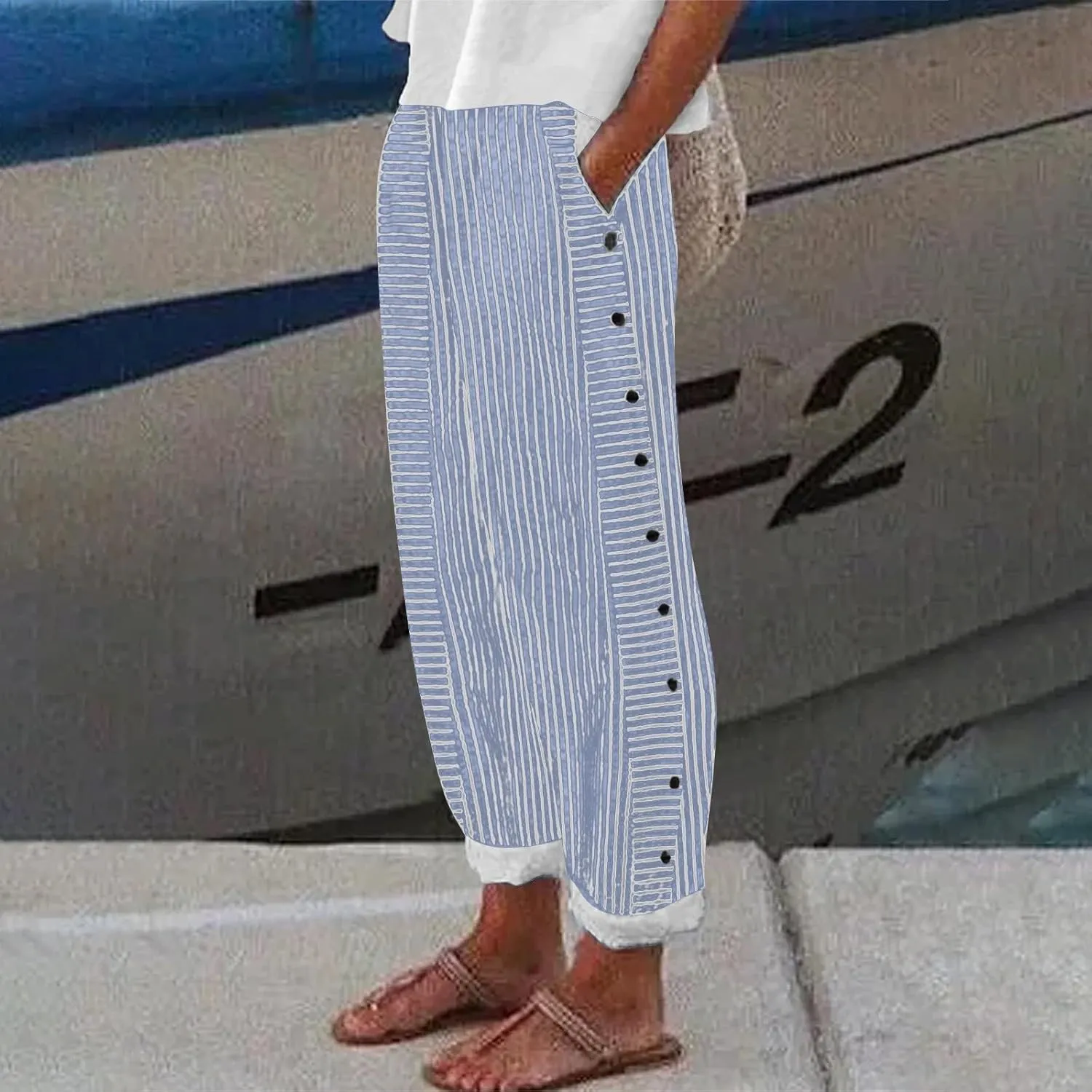 Women's Cotton Linen Pants Lightweight Quick Dry Palazzo Pants Casual Elastic Waist Lounge Crop Pants Trousers Pocket