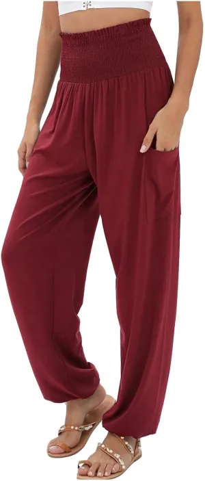 Womens Cotton Linen Summer Drawstring Pants Low Waist Wide Leg Plus Size Palazzo Lounge Pants Travel