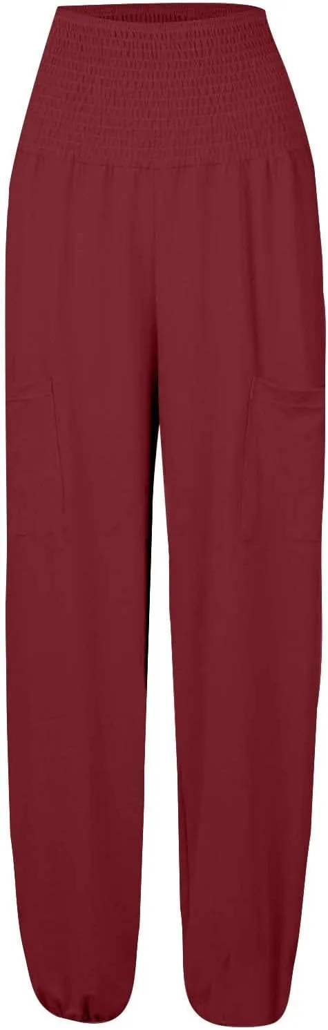Womens Cotton Linen Summer Drawstring Pants Low Waist Wide Leg Plus Size Palazzo Lounge Pants Travel