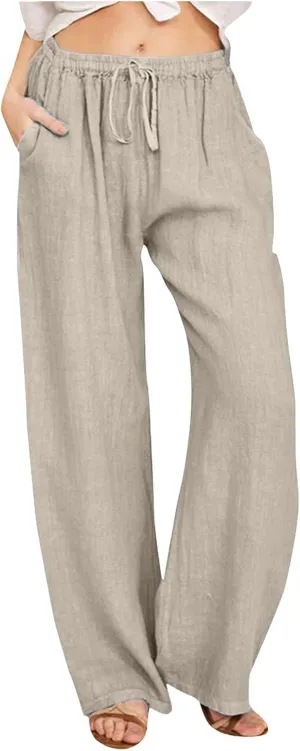 Womens Cotton Linen Summer Letter Patched Palazzo Pants Low Waist Wide Leg Slim Fit Palazzo Pants Office