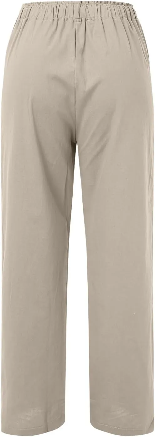 Womens Cotton Linen Summer Letter Patched Palazzo Pants Low Waist Wide Leg Slim Fit Palazzo Pants Office