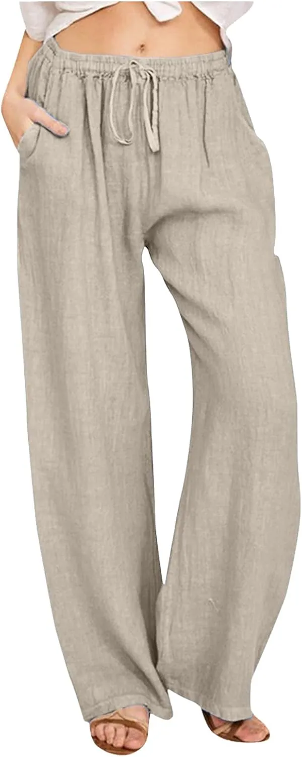 Womens Cotton Linen Summer Letter Patched Palazzo Pants Low Waist Wide Leg Slim Fit Palazzo Pants Office