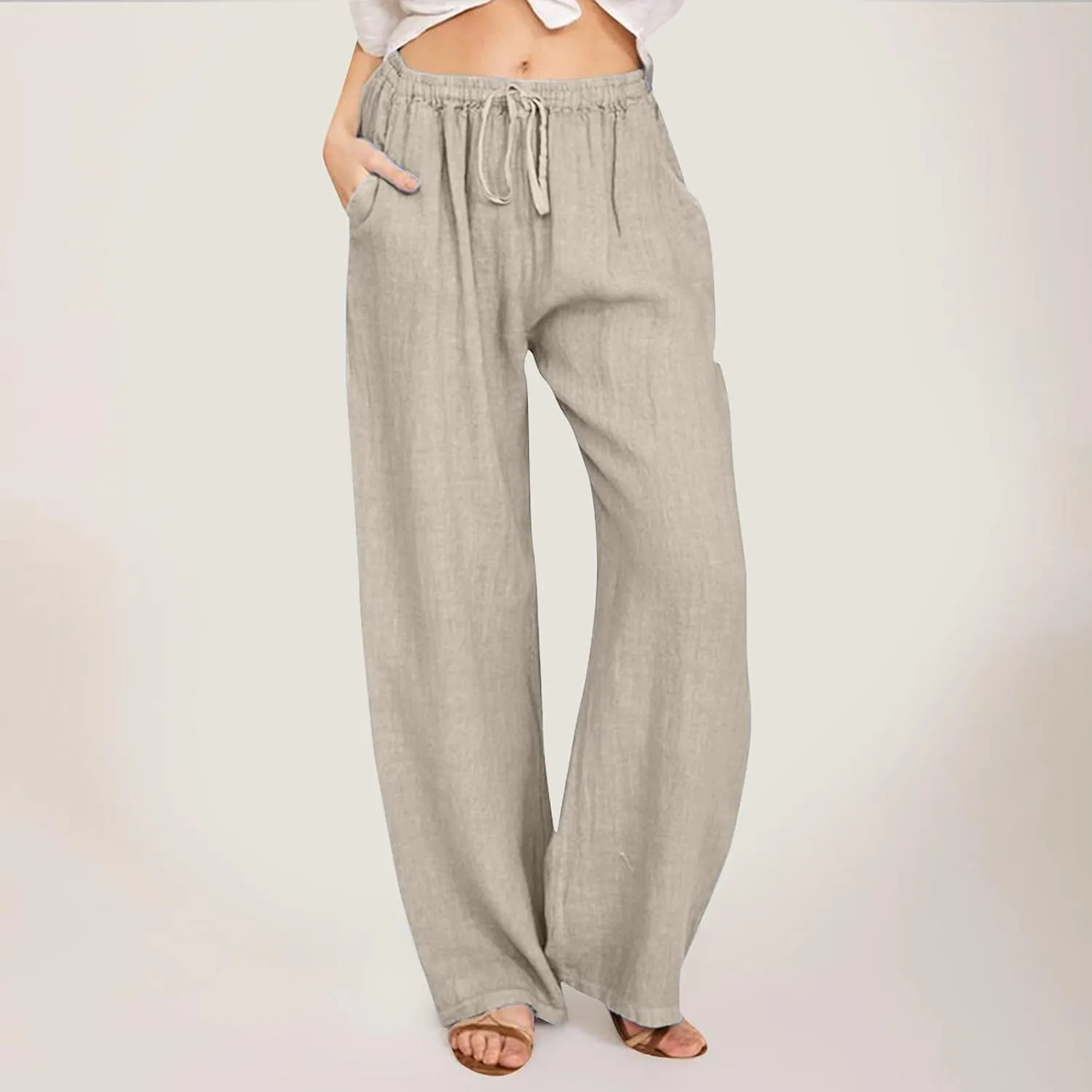 Womens Cotton Linen Summer Letter Patched Palazzo Pants Low Waist Wide Leg Slim Fit Palazzo Pants Office