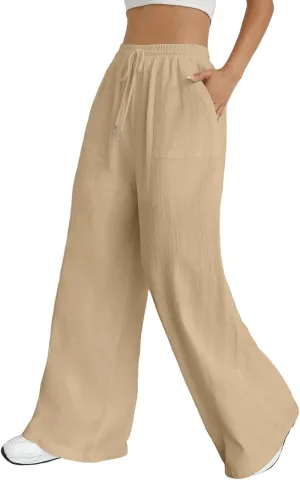 Women's Cotton Linen Summer Lightweigt Palazzo Lounge Pants Low Waist Ankle Length Slim-Fit Palazzo Lounge