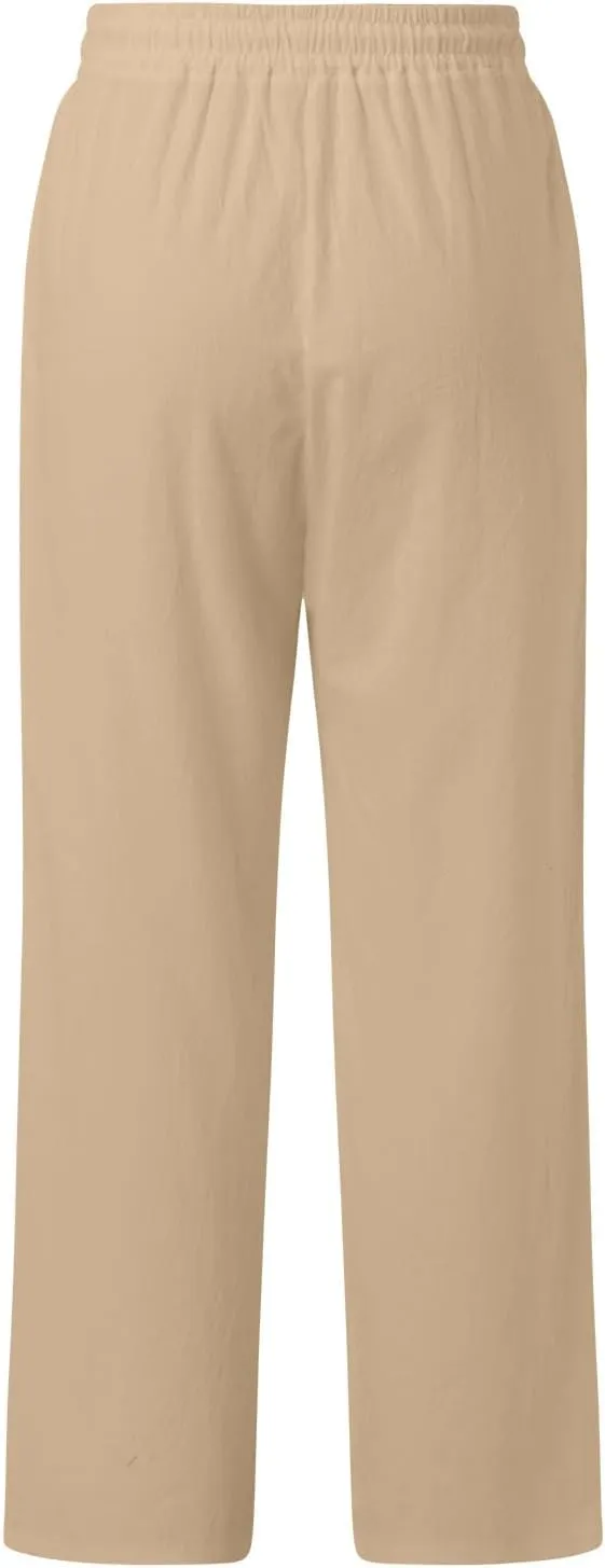 Women's Cotton Linen Summer Lightweigt Palazzo Lounge Pants Low Waist Ankle Length Slim-Fit Palazzo Lounge