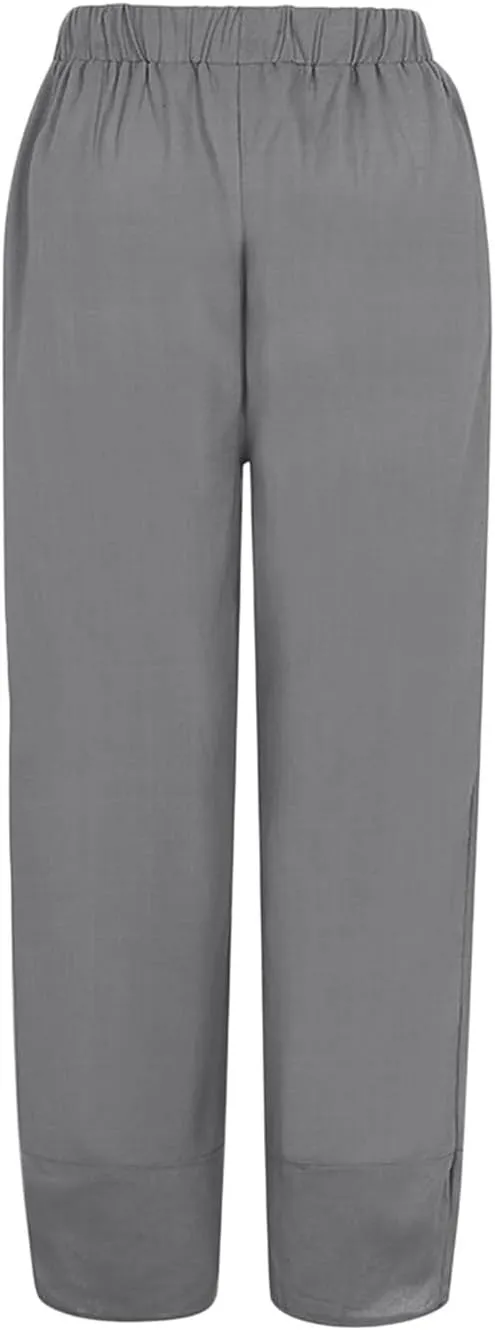 Women's Cotton Linen Summer Lightweigt Pants Elastic Waisted Long Lounge Slim-Fit Palazzo Lounge Pants