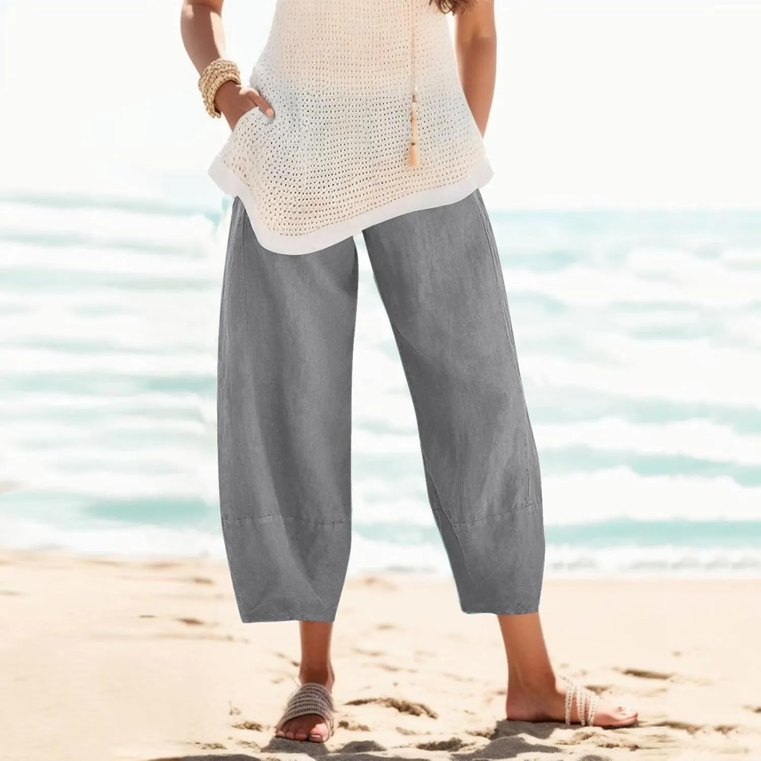 Women's Cotton Linen Summer Lightweigt Pants Elastic Waisted Long Lounge Slim-Fit Palazzo Lounge Pants