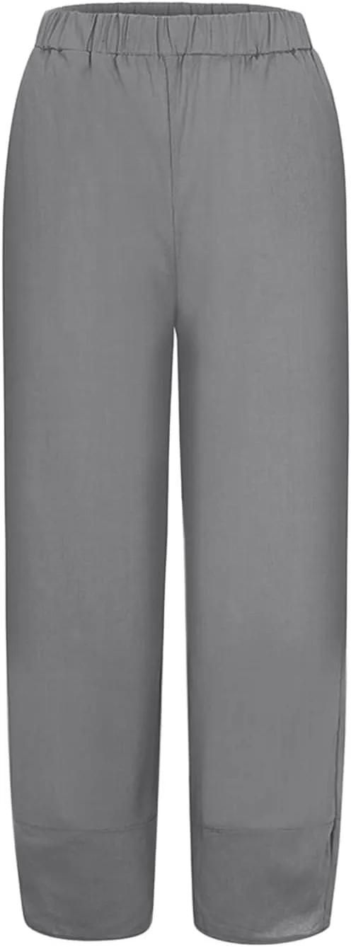 Women's Cotton Linen Summer Lightweigt Pants Elastic Waisted Long Lounge Slim-Fit Palazzo Lounge Pants