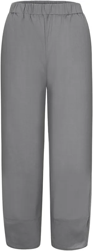 Women's Cotton Linen Summer Lightweigt Pants Elastic Waisted Long Lounge Slim-Fit Palazzo Lounge Pants