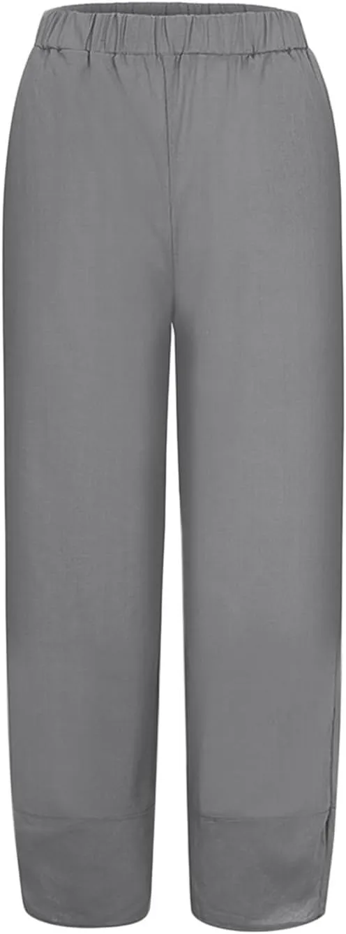Women's Cotton Linen Summer Lightweigt Pants Elastic Waisted Long Lounge Slim-Fit Palazzo Lounge Pants