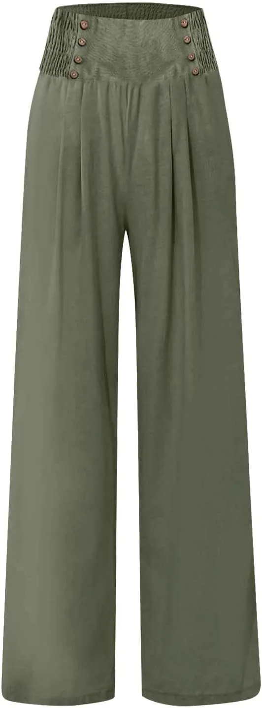 Womens Cotton Linen Summer Print Palazzo Lounge Pants Elastic Waist Lounge Pants Loose Fit Pants Work Business