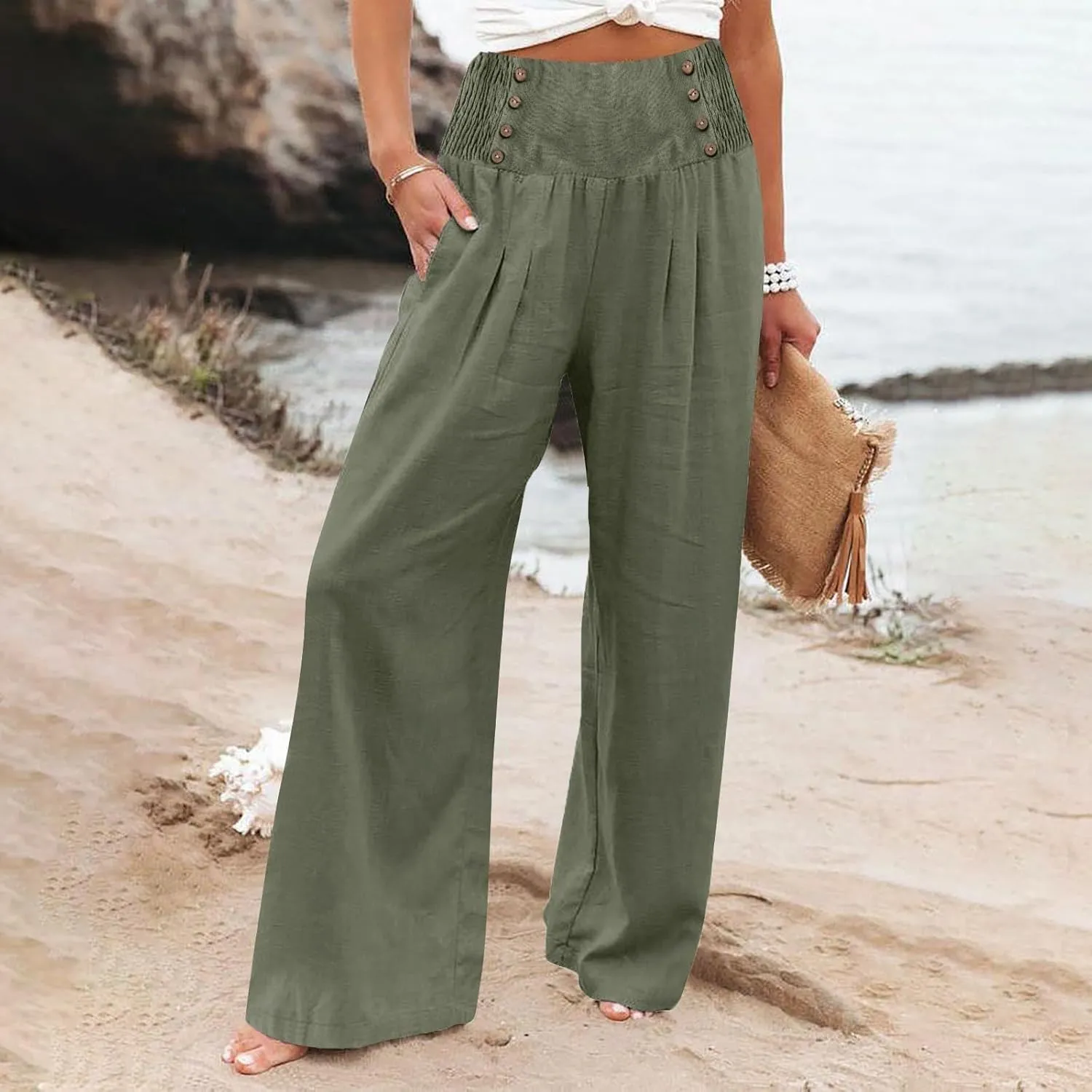 Womens Cotton Linen Summer Print Palazzo Lounge Pants Elastic Waist Lounge Pants Loose Fit Pants Work Business
