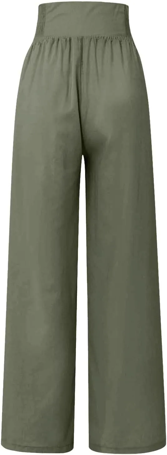 Womens Cotton Linen Summer Print Palazzo Lounge Pants Elastic Waist Lounge Pants Loose Fit Pants Work Business
