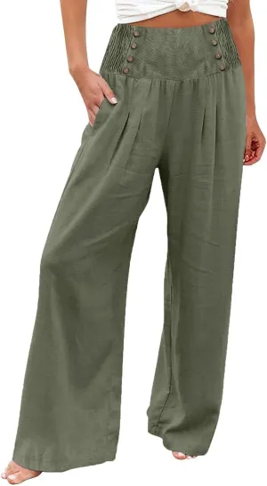 Womens Cotton Linen Summer Print Palazzo Lounge Pants Elastic Waist Lounge Pants Loose Fit Pants Work Business