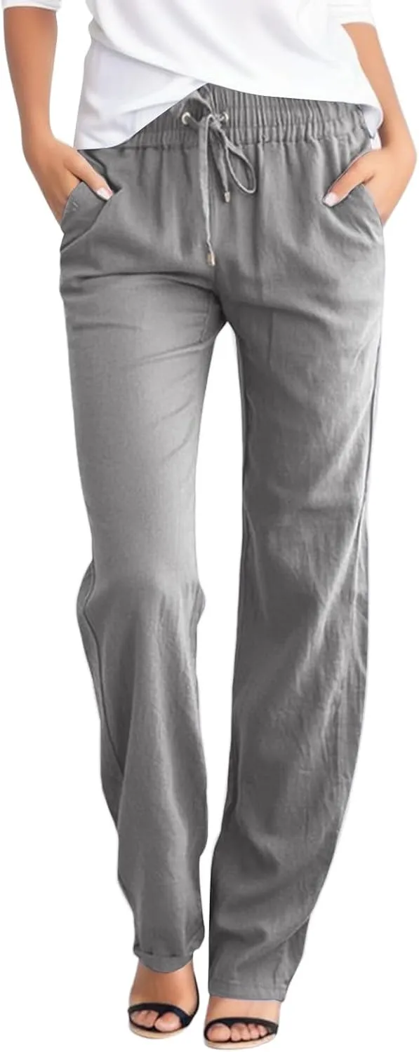 Womens Cotton Linen Summer Solid Palazzo Pants High Waist Lounge Pants Plus Size Pant Trousers Travel