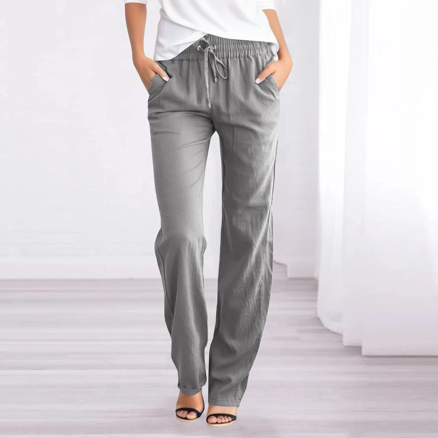 Womens Cotton Linen Summer Solid Palazzo Pants High Waist Lounge Pants Plus Size Pant Trousers Travel