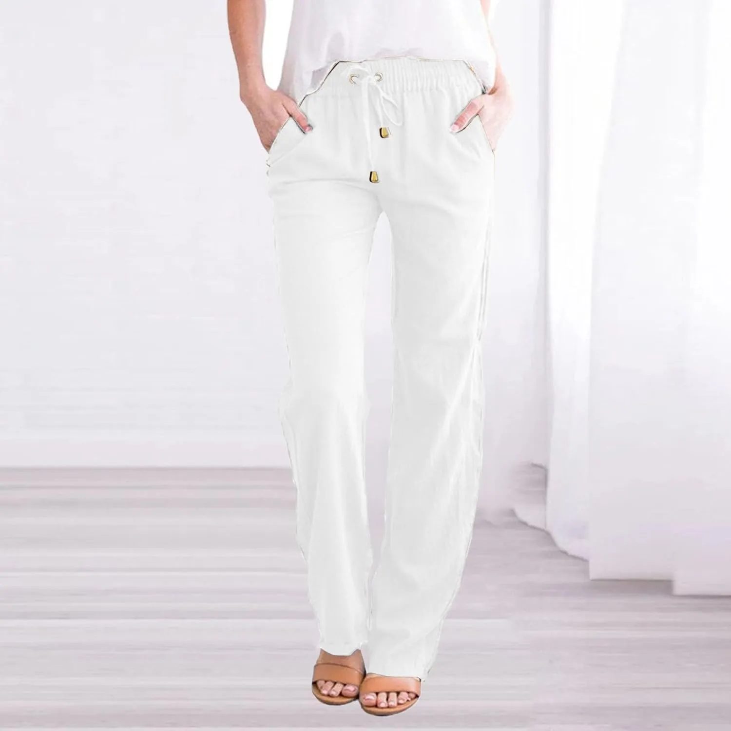 Women's Cotton Linen Summer Split Flowy Palazzo Pants Elastic Waisted Stretchy Straight Slim-Fit Palazzo Lounge