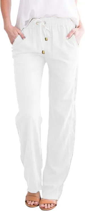 Women's Cotton Linen Summer Split Flowy Palazzo Pants Elastic Waisted Stretchy Straight Slim-Fit Palazzo Lounge