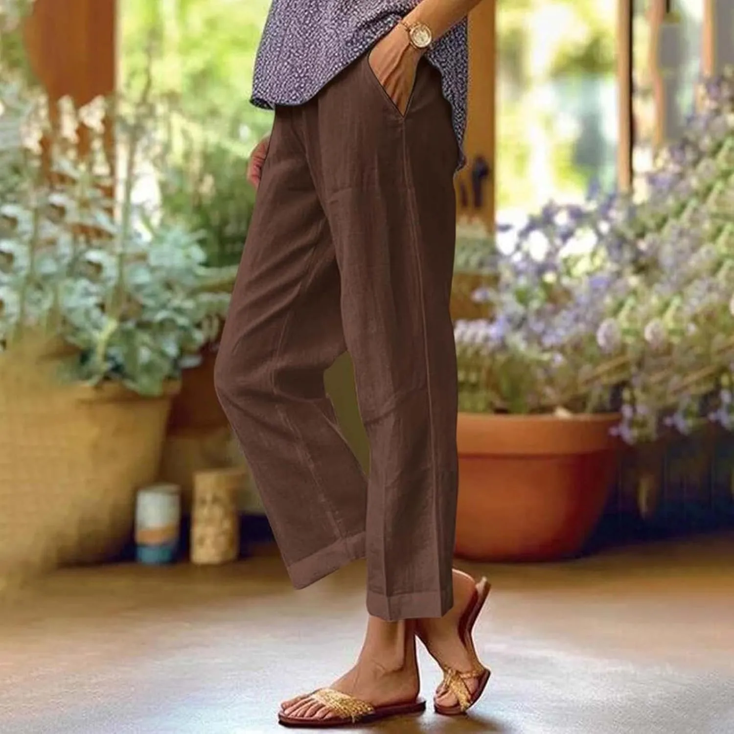 Womens Cotton Linen Summer Y2K Fashion Pants Low Waist Ankle Length Slim-Fit Pant Trousers Office