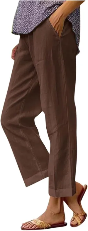 Womens Cotton Linen Summer Y2K Fashion Pants Low Waist Ankle Length Slim-Fit Pant Trousers Office