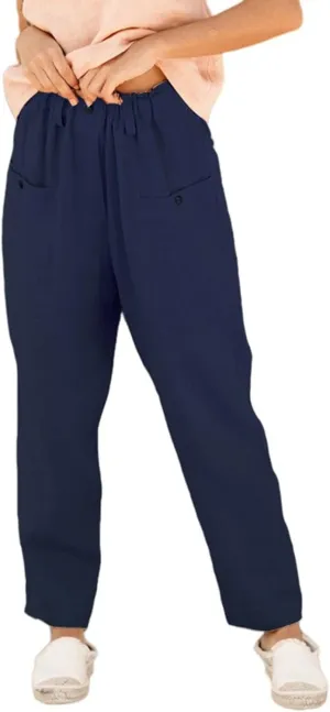 Women's Cotton Linen Tapered Cropped Pants Elastic Waist Trousers Summer Loose Casual Capris Going Out with Pockets