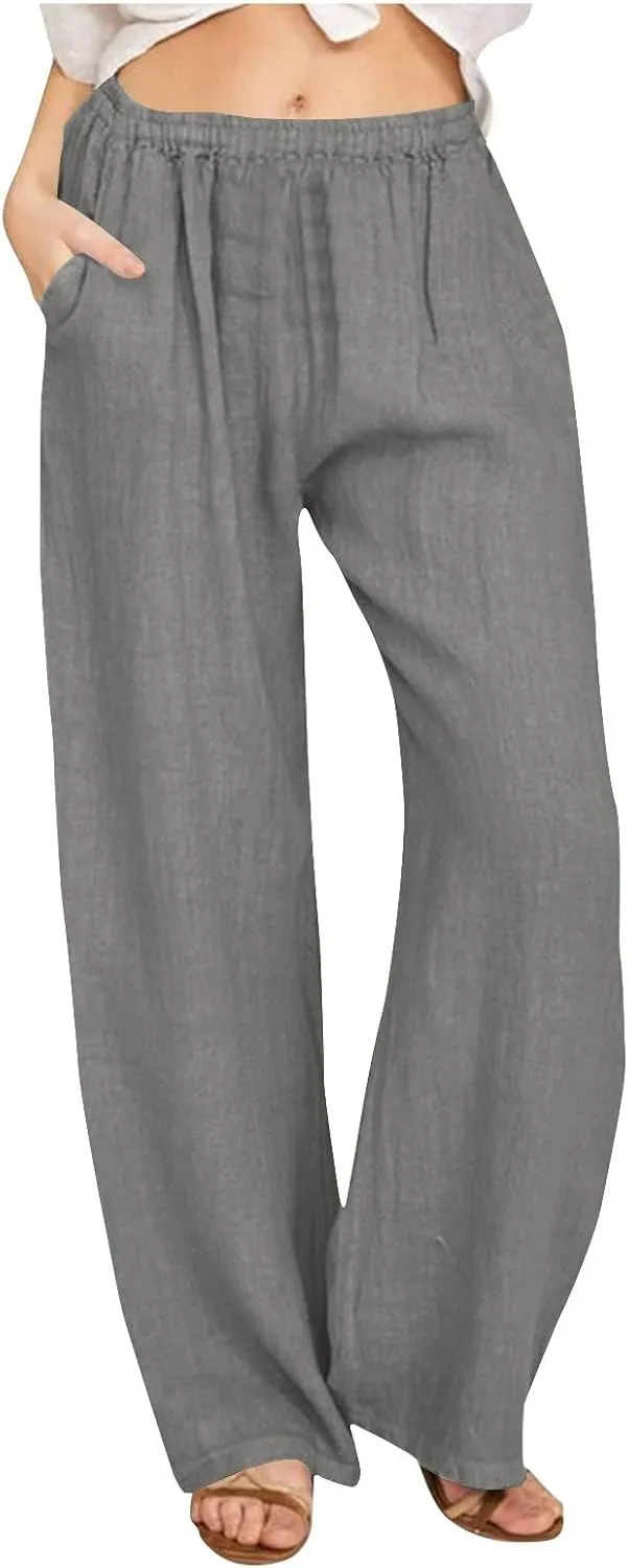 Womens Cotton Linen Wide Leg Palazzo Pants Loose Casual High Waisted Slacks Lightweight Summer Trousers with Pockets