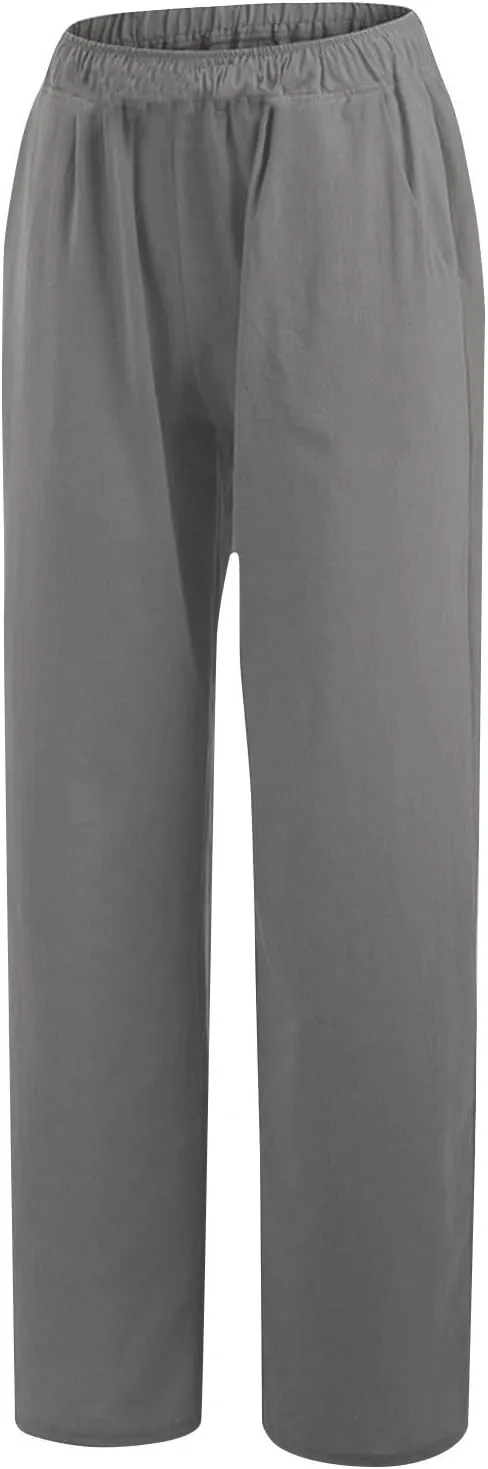 Womens Cotton Linen Wide Leg Palazzo Pants Loose Casual High Waisted Slacks Lightweight Summer Trousers with Pockets