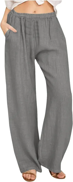 Womens Cotton Linen Wide Leg Palazzo Pants Loose Casual High Waisted Slacks Lightweight Summer Trousers with Pockets
