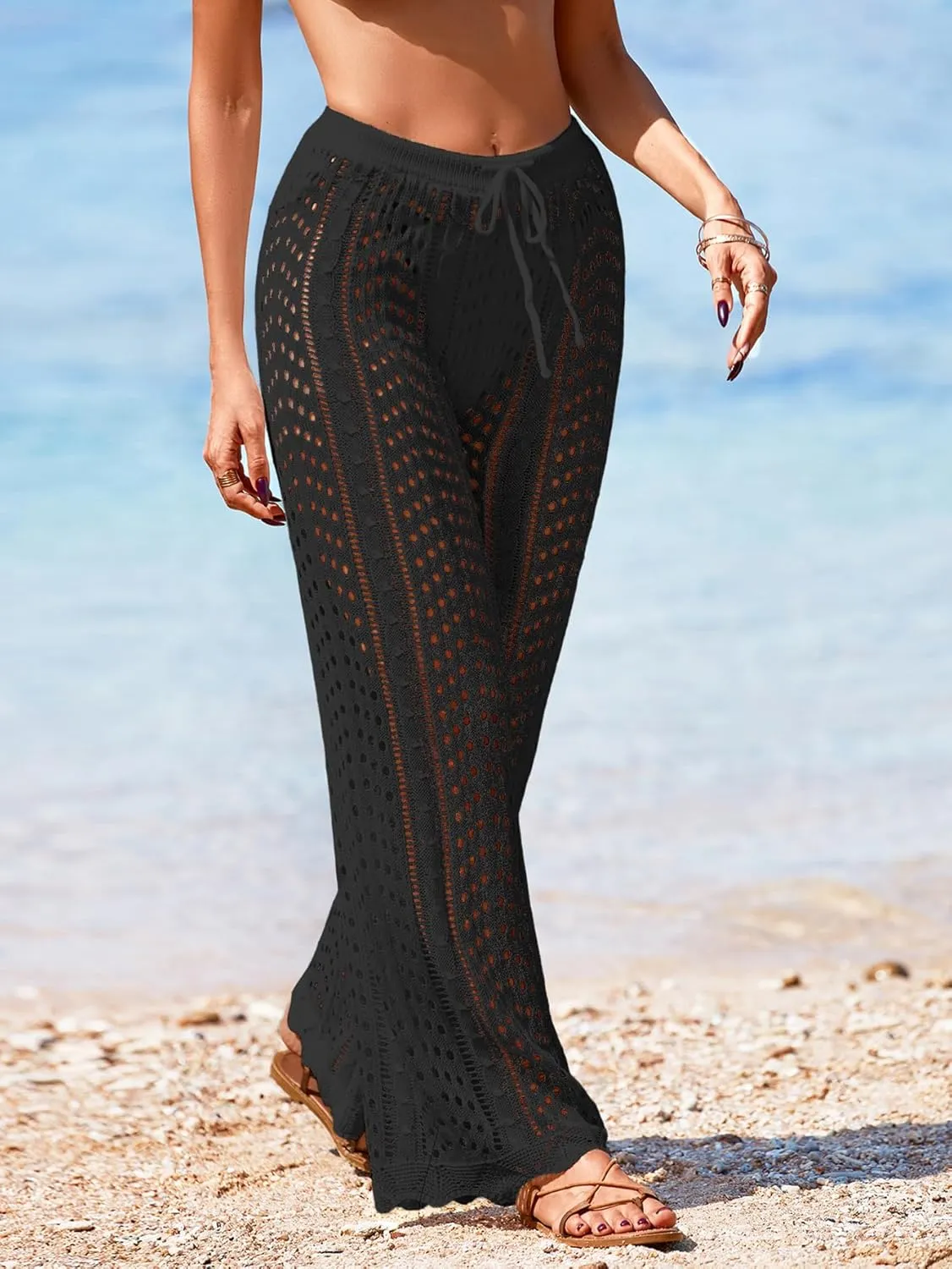Womens Crochet Elastic Waist Beach Pant Summer 2025 Trendy Wave Hem Hollow Out Bathing Suit Cover Up Flare Pants