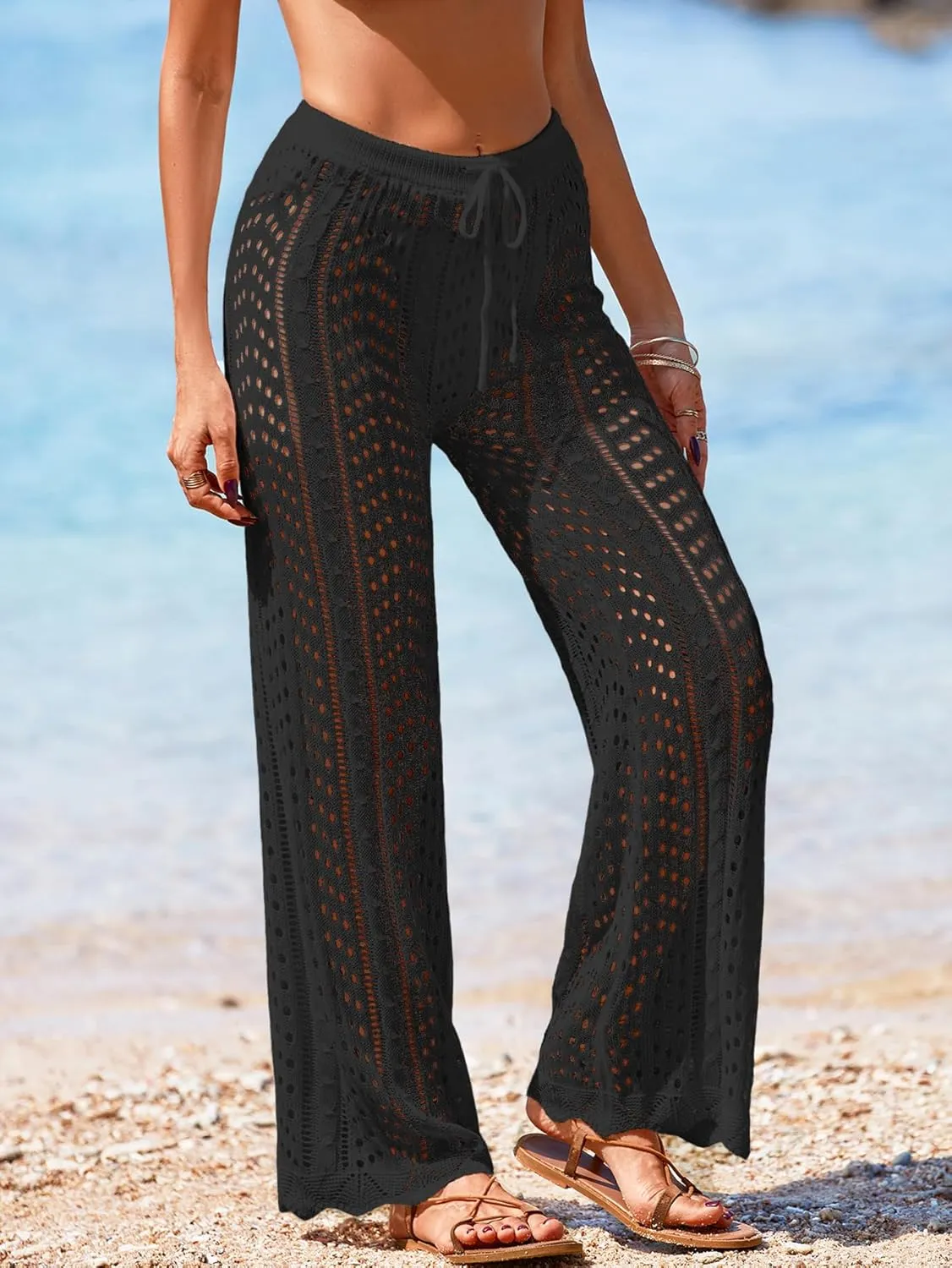 Womens Crochet Elastic Waist Beach Pant Summer 2025 Trendy Wave Hem Hollow Out Bathing Suit Cover Up Flare Pants