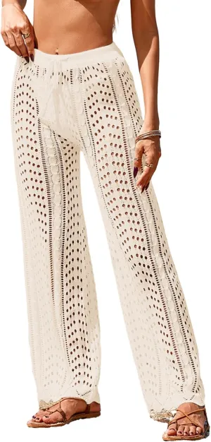 Womens Crochet Elastic Waist Beach Pant Summer 2025 Trendy Wave Hem Hollow Out Bathing Suit Cover Up Flare Pants