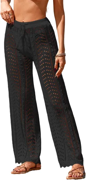 Womens Crochet Elastic Waist Beach Pant Summer 2025 Trendy Wave Hem Hollow Out Bathing Suit Cover Up Flare Pants