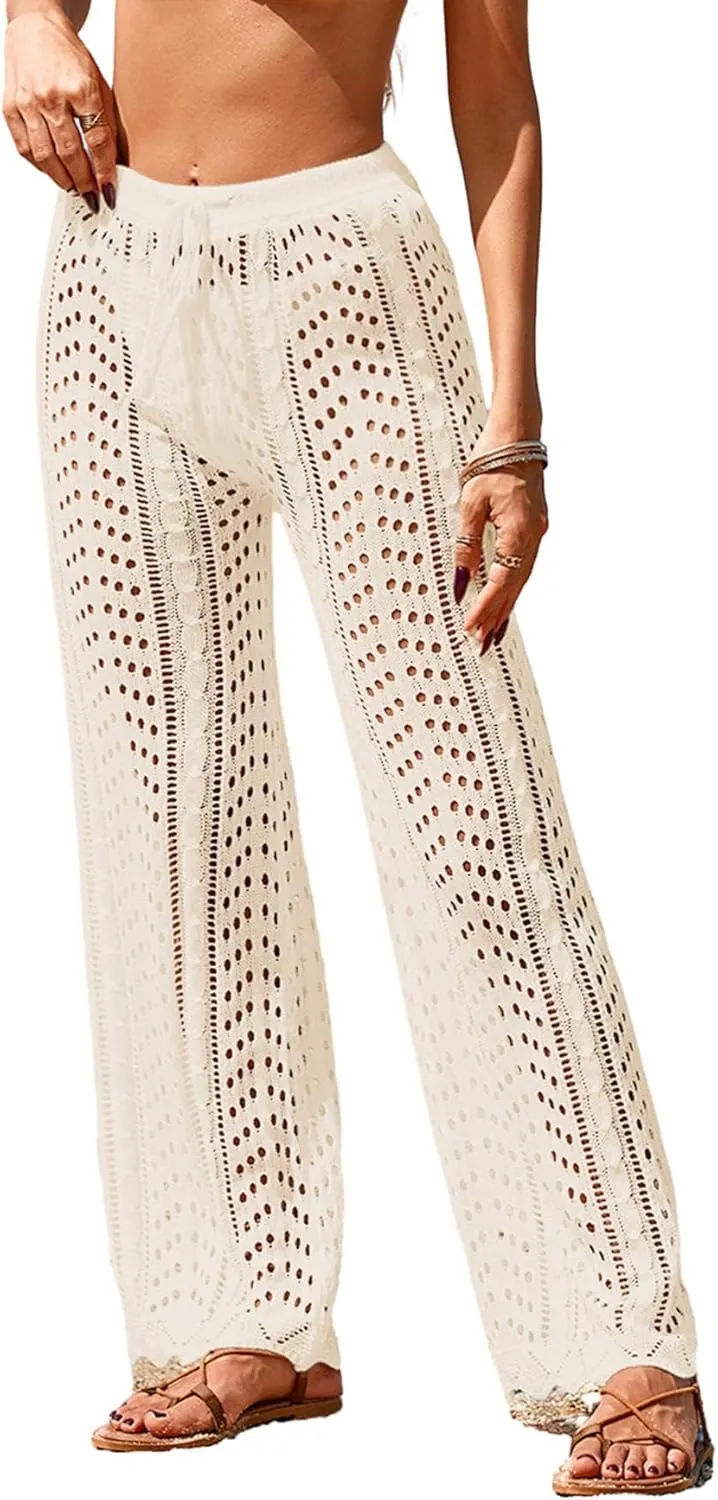 Womens Crochet Elastic Waist Beach Pant Summer 2025 Trendy Wave Hem Hollow Out Bathing Suit Cover Up Flare Pants