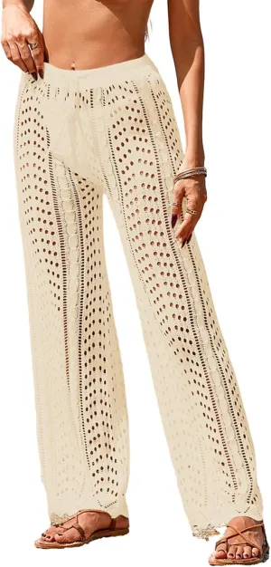 Womens Crochet Elastic Waist Beach Pant Summer 2025 Trendy Wave Hem Hollow Out Bathing Suit Cover Up Flare Pants