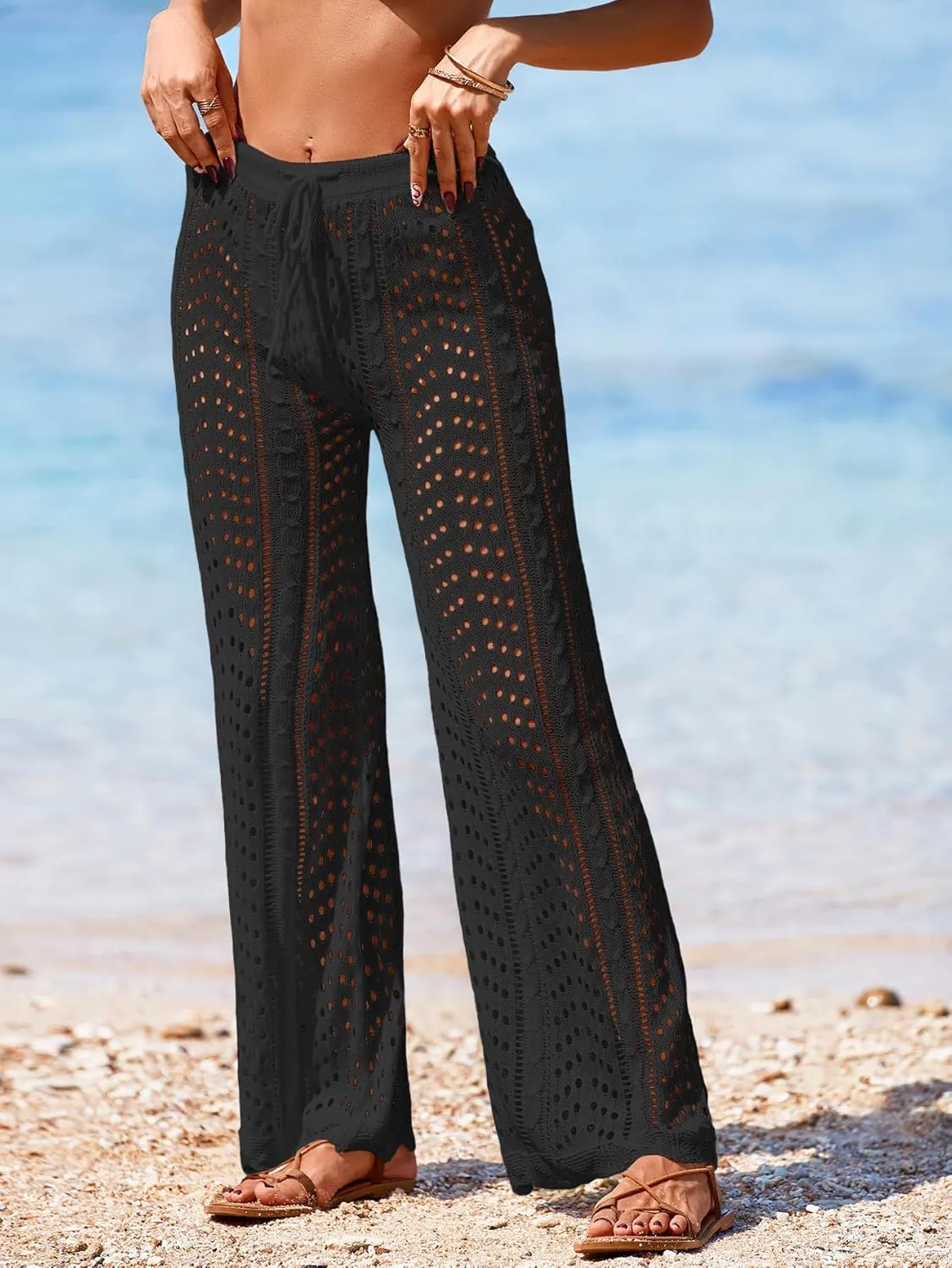 Womens Crochet Elastic Waist Beach Pant Summer 2025 Trendy Wave Hem Hollow Out Bathing Suit Cover Up Flare Pants