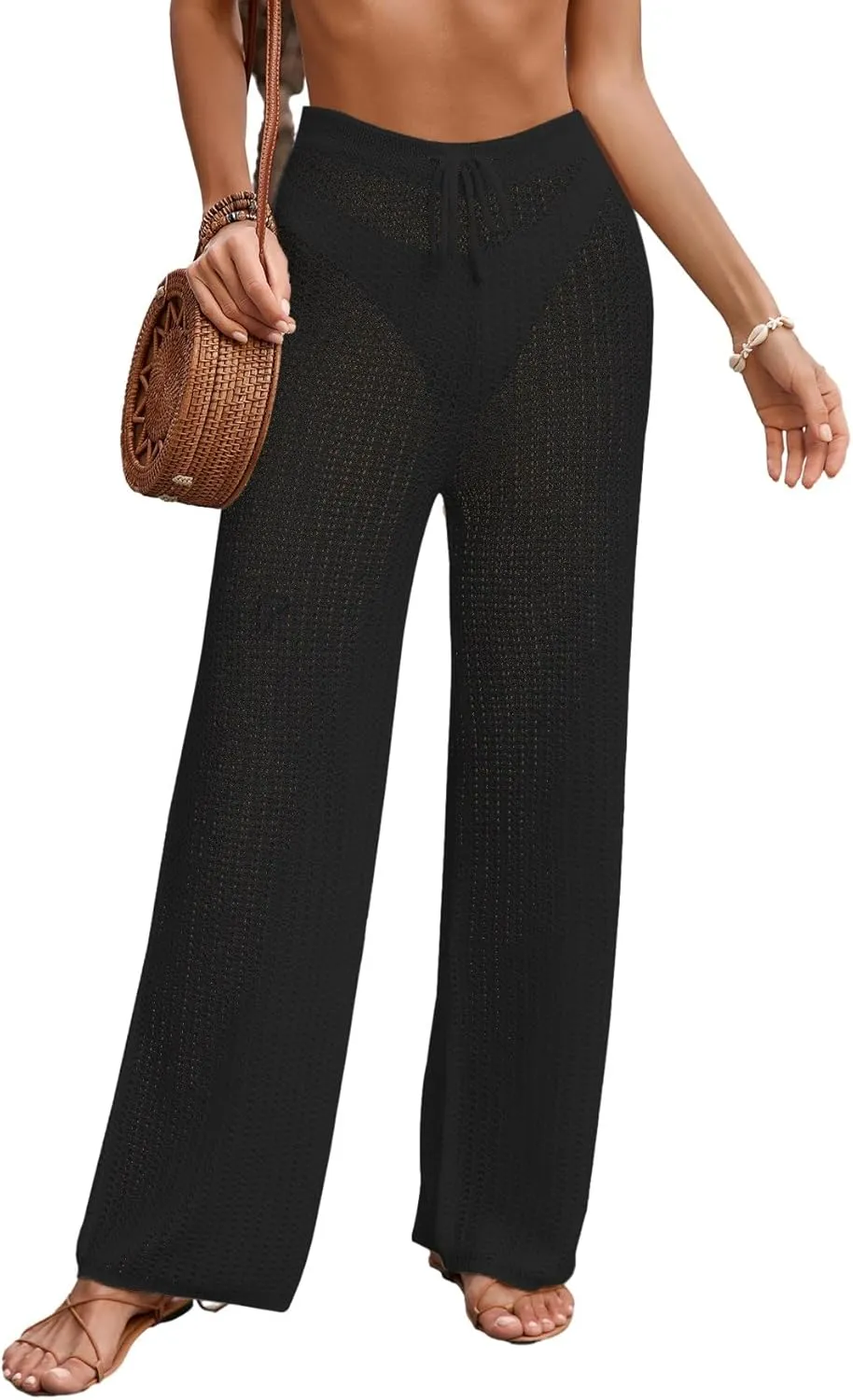 Womens Crochet Knit Elastic Waist Beach Coverup Summer 2025 Trendy Tie Drawstring Bathing Suit Cover Up Pants