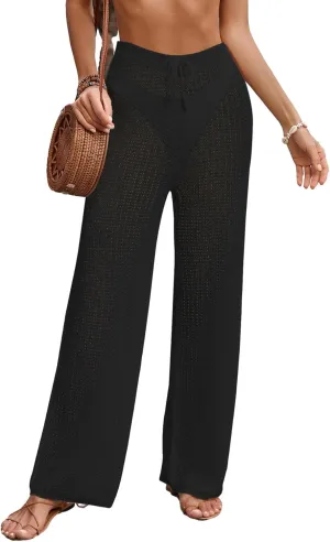 Womens Crochet Knit Elastic Waist Beach Coverup Summer 2025 Trendy Tie Drawstring Bathing Suit Cover Up Pants