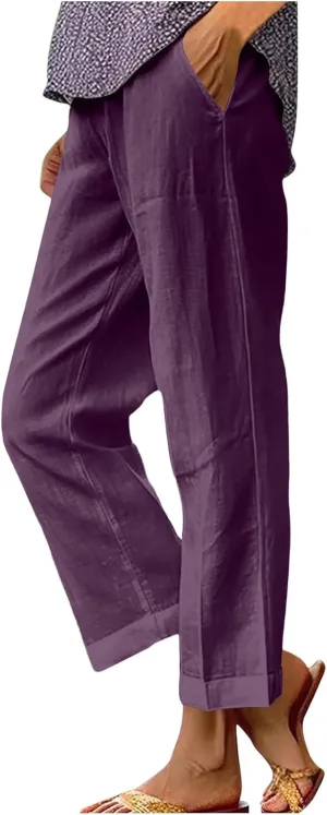 Women's Cropped Linen Pants Summer Elastic Waist Straight Leg Plus Size Crop Pant Casual Beach Trousers with Pocket