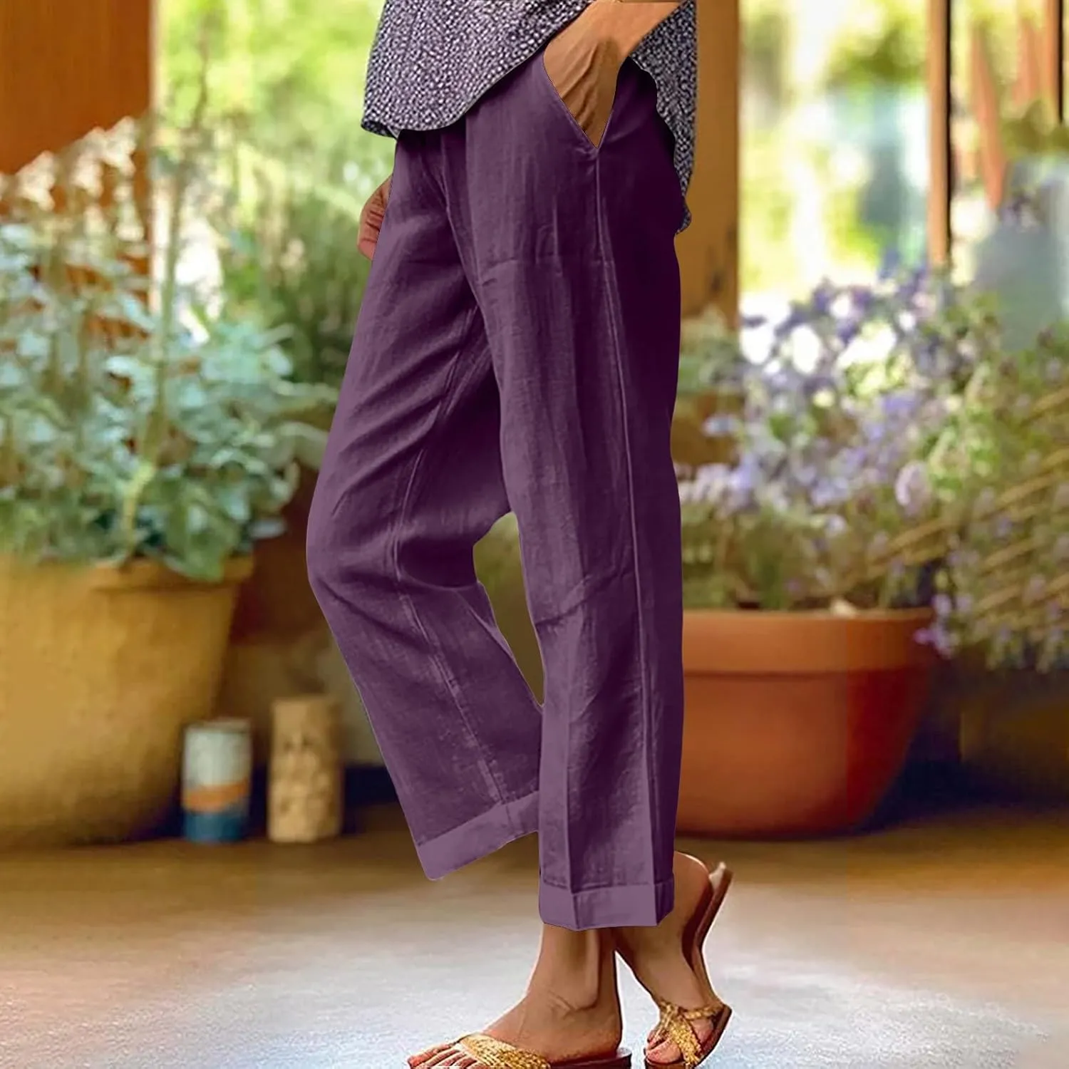 Women's Cropped Linen Pants Summer Elastic Waist Straight Leg Plus Size Crop Pant Casual Beach Trousers with Pocket
