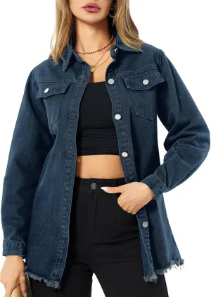 Women's Denim Jacket Casual Long Sleeve Denim Shirts Distressed Jean Jacket 2025 Spring Outfits