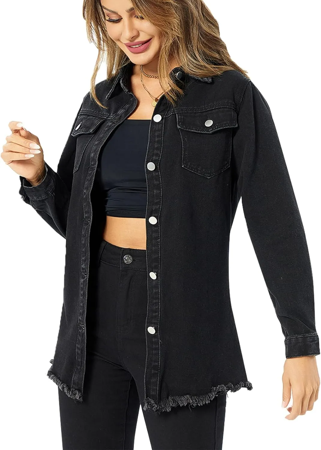 Women's Denim Jacket Casual Long Sleeve Denim Shirts Distressed Jean Jacket 2025 Spring Outfits